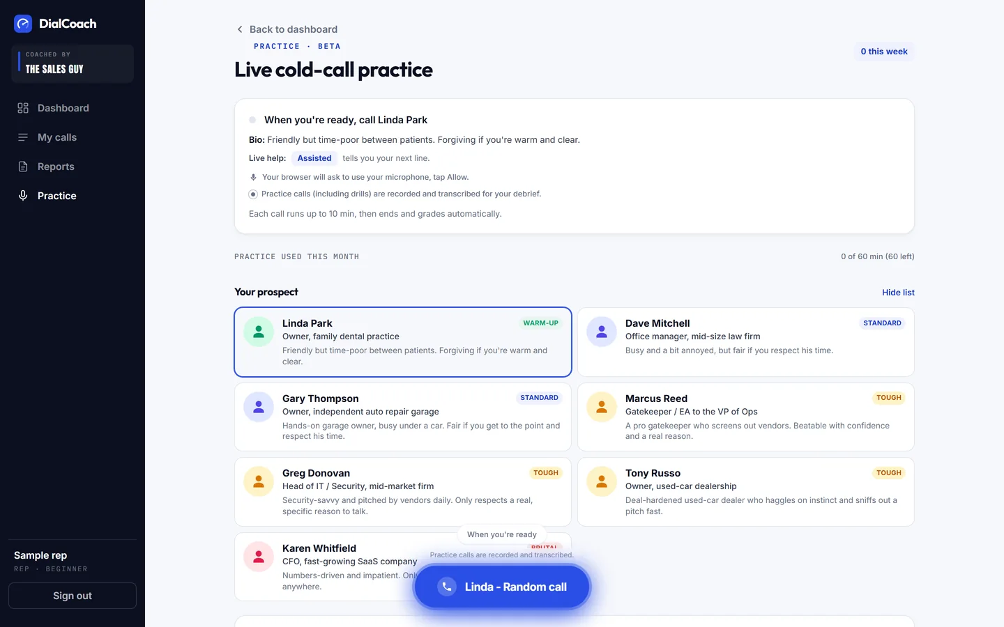 DialCoach practice room: pick an AI prospect from warm-up to brutal, choose how much live help you want, then start the call.